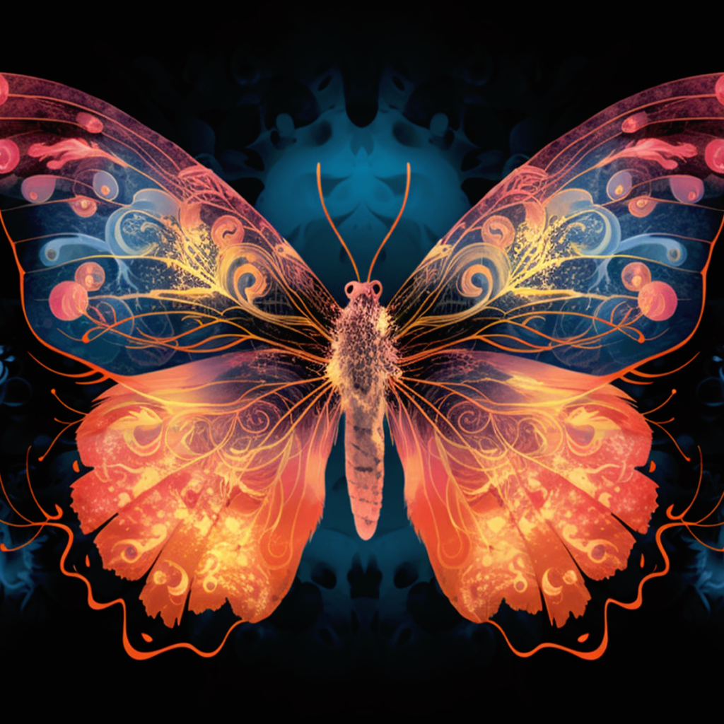 a butterfly on a black background with colorful butterflies, in the style of intricate and bizarre illustrations, dark cyan and light amber, light orange and crimson, energy-filled illustrations, anton fadeev, 8k resolution, intricately sculpted