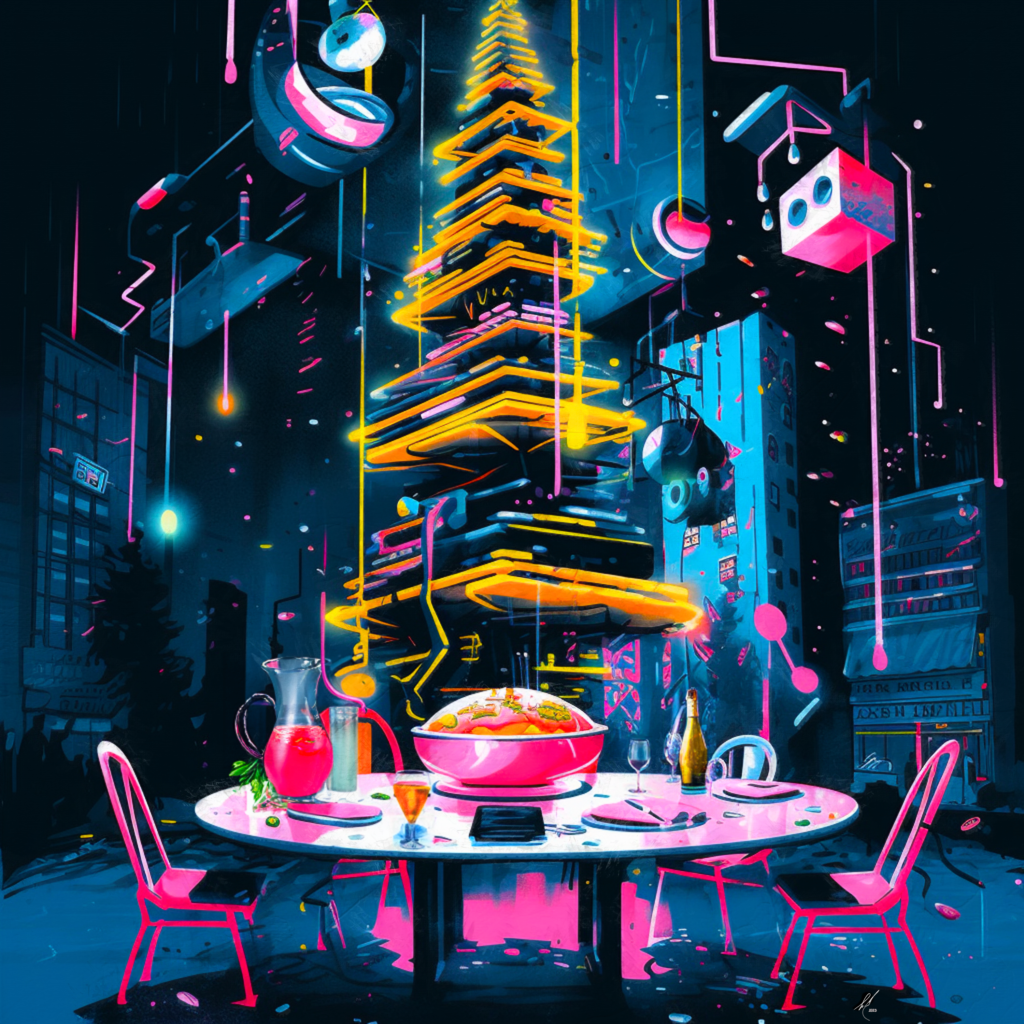 Amidst the flickering neon lights of a bustling metropolis, the traditional symbols of Christmas emerge in a digital age. A holographic Santa Claus, guided not by reindeer but by hovering drones, delivers gifts against a backdrop of towering skyscrapers and augmented reality snowfall. Amidst the flickering neon lights of a bustling metropolis, the traditional symbols of Christmas emerge in a digital age.  