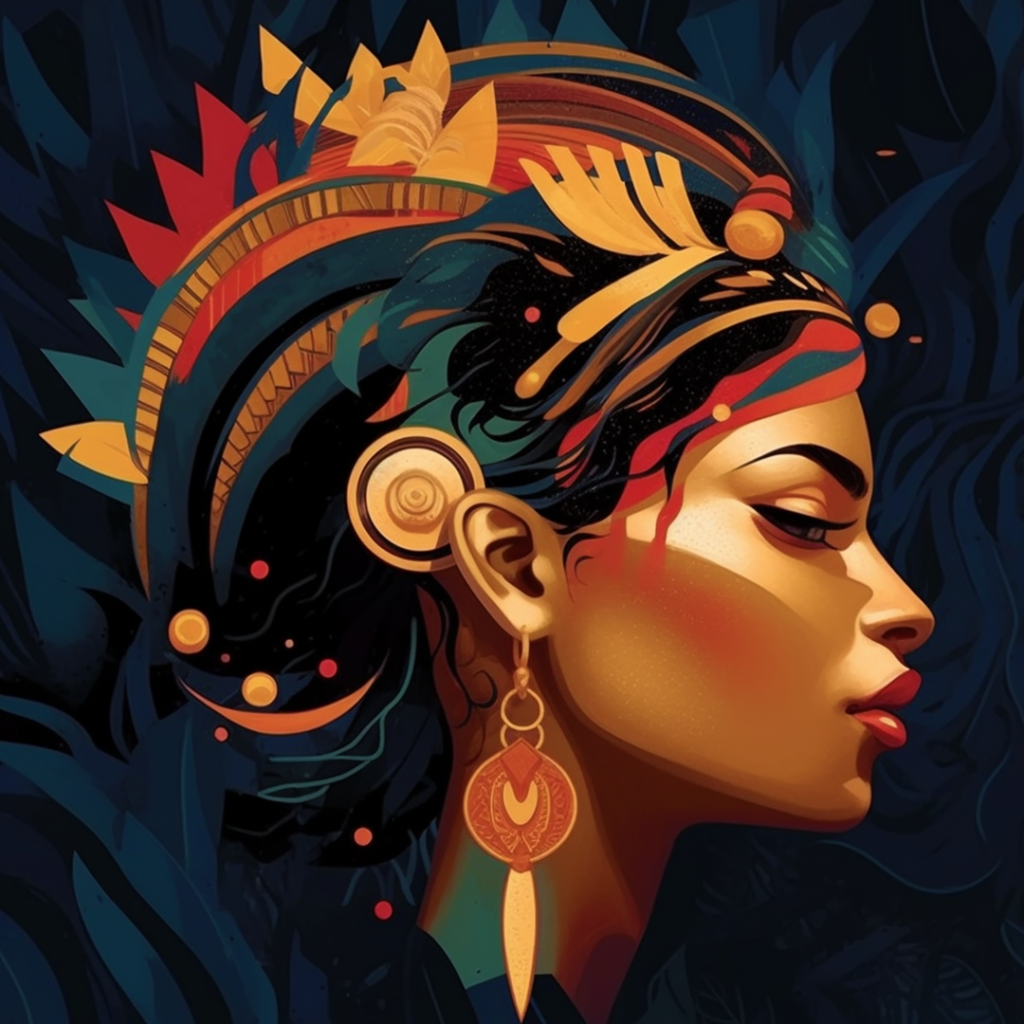 In this striking image, the Afro-Latin female adorned with a majestic headdress becomes a statement about the fusion of cultural richness and enigmatic allure. Set against a backdrop of deep blues with tones of deep purples, infused with the hues of dark cyan and orange, it evokes a sense of mysterious allure reminiscent of a lush jungle's depth
