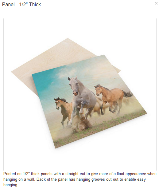 1/2" thick panels, straight cut to give more of a float appearance when hanging on a wall. Back of the panel has hanging grooves cut out to enable easy hanging.