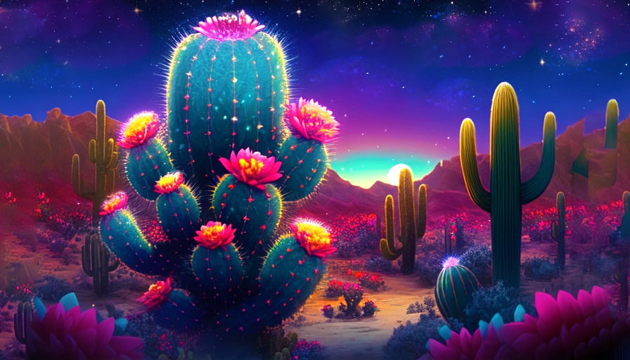The idea here was to create a Cacti forest that transports viewers to an otherworldly landscape where vibrant, alien-looking cacti. As they stretch towards the sky, their spiny arms reaching out in a dance of bright, elegant beauty. The forest floor is aglow with an array of dazzling flowers, emitting an ethereal light that illuminates the scene in a kaleidoscope of colors. Each cactus boasts intricate patterns and textures, adorned with iridescent hues that shimmer and shift with every moveme'nt. The air is alive with a sense of magic and wonder, inviting viewers to immerse themselves in this fantastical realm where the ordinary boundaries of nature are transcended.
