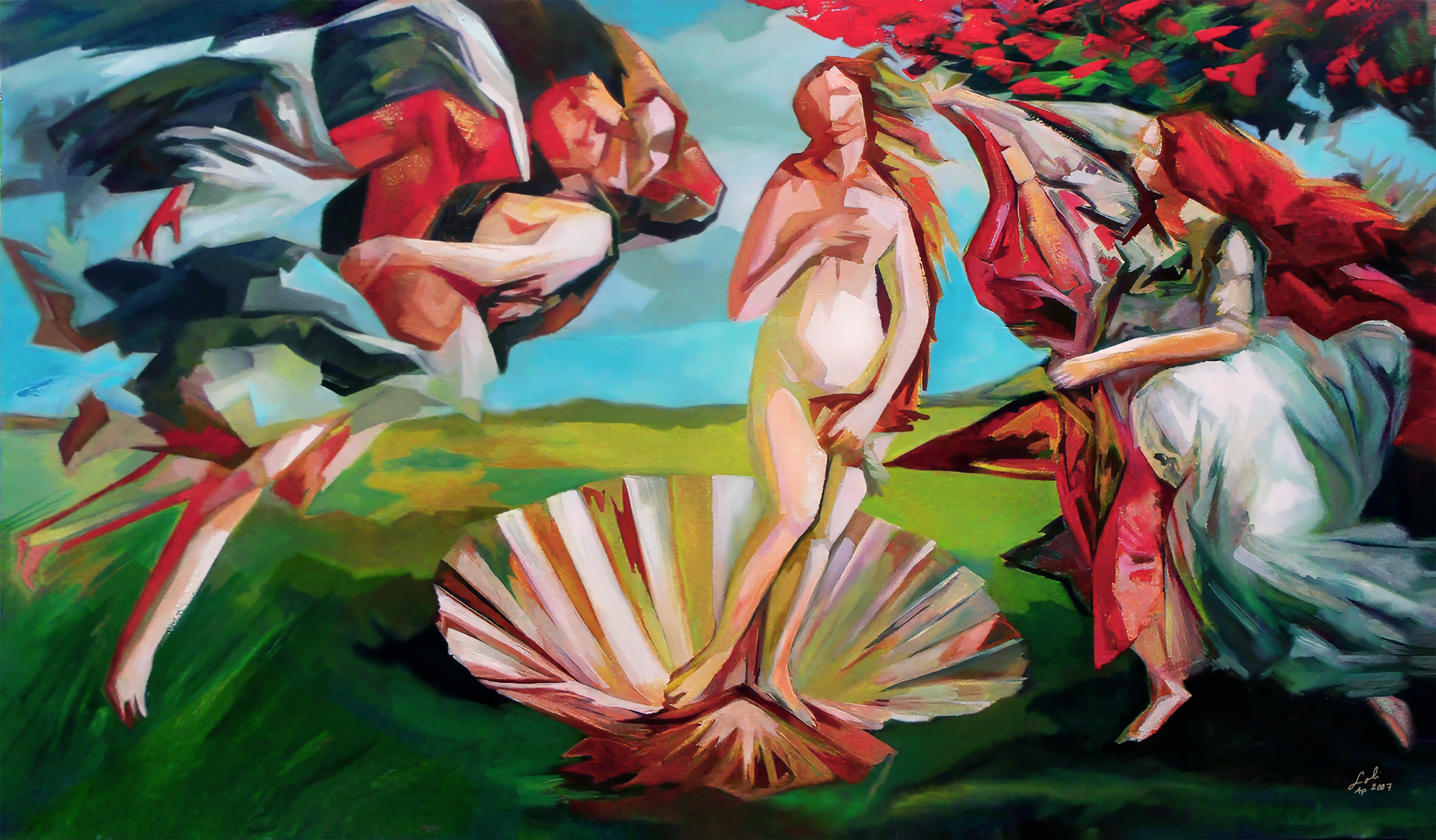 Sandro Botticelli's The Birth of Venus is one of the most famous works from the Renaissance period, painted around 1484-1486. The masterpiece depicts the goddess Venus emerging from the sea on a shell, symbolizing beauty, purity, and love. The painting is known for its graceful lines, ethereal quality, and delicate use of color. In this expressionist homage I re-imagined a Venus enveloped in a whirl of expressive strokes, capturing her arrival on the Caribbean shores. I wanted to transform Botticelli's serene scene into a vibrant, emotive composition. I wanted to create sense of dynamic movement and intensity. To combine tradition with contemporary artistic techniques. The result is a striking, innovative interpretation of a timeless scene. Like Botticelli's portrayal of Venus, this piece looks for an opportunity to be iconic, combining classical and mythological elements to create an unforgettable representation of idealized beauty.