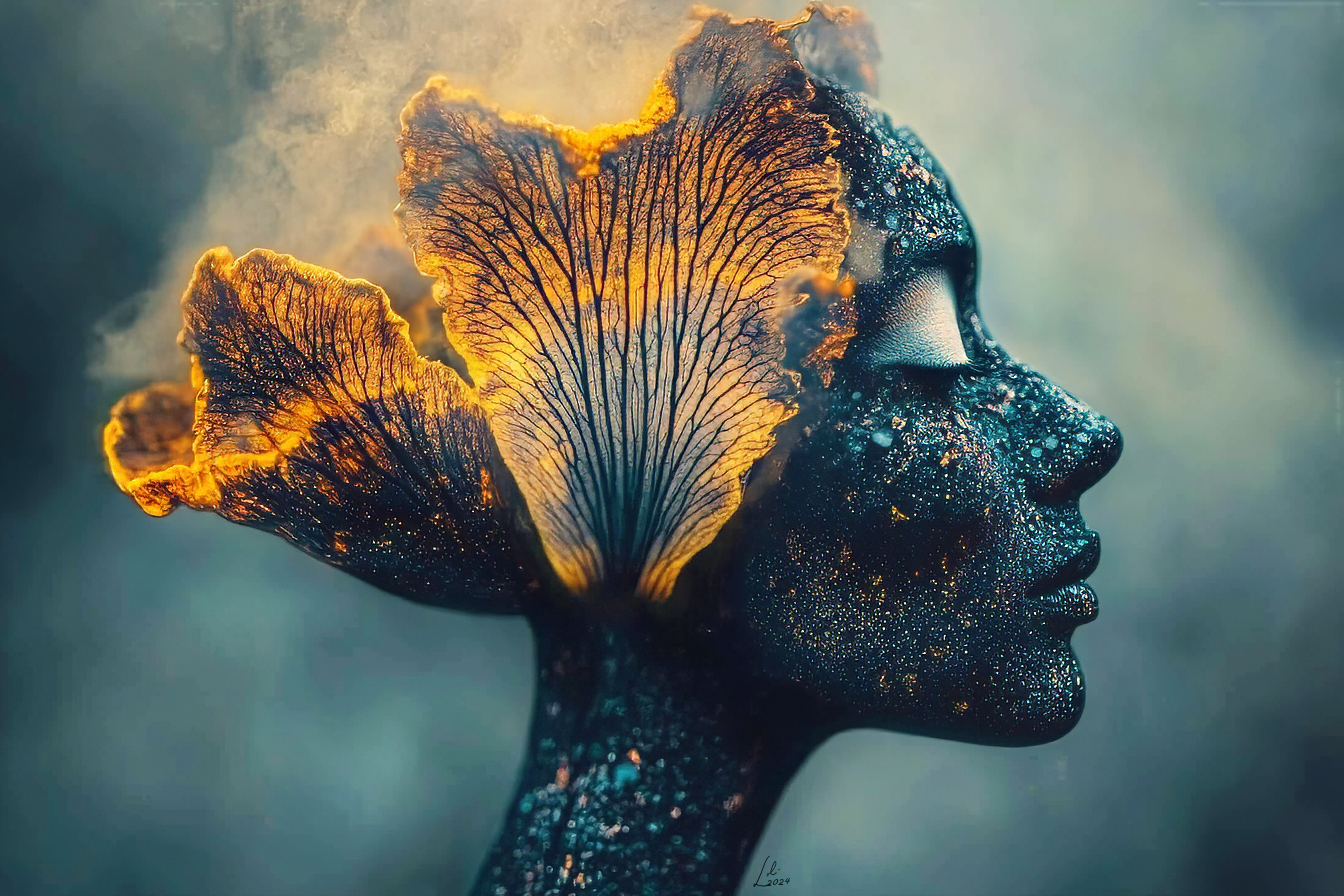 These double exposure digital images blend human figures with nature and cosmic elements, creating a surreal visual that explores themes of transformation, unity, and spiritual awakening. The fusion of organic motifs like flowers with human faces symbolizes a deep connection to nature, while the glowing gold tones and starry backgrounds evoke cosmic energy. The contrast of light and shadow adds depth, representing the duality of the physical and metaphysical. The intricate patterns and textures suggest ancestral wisdom, inviting viewers to reflect on the interconnectedness of self, nature, and the universe.