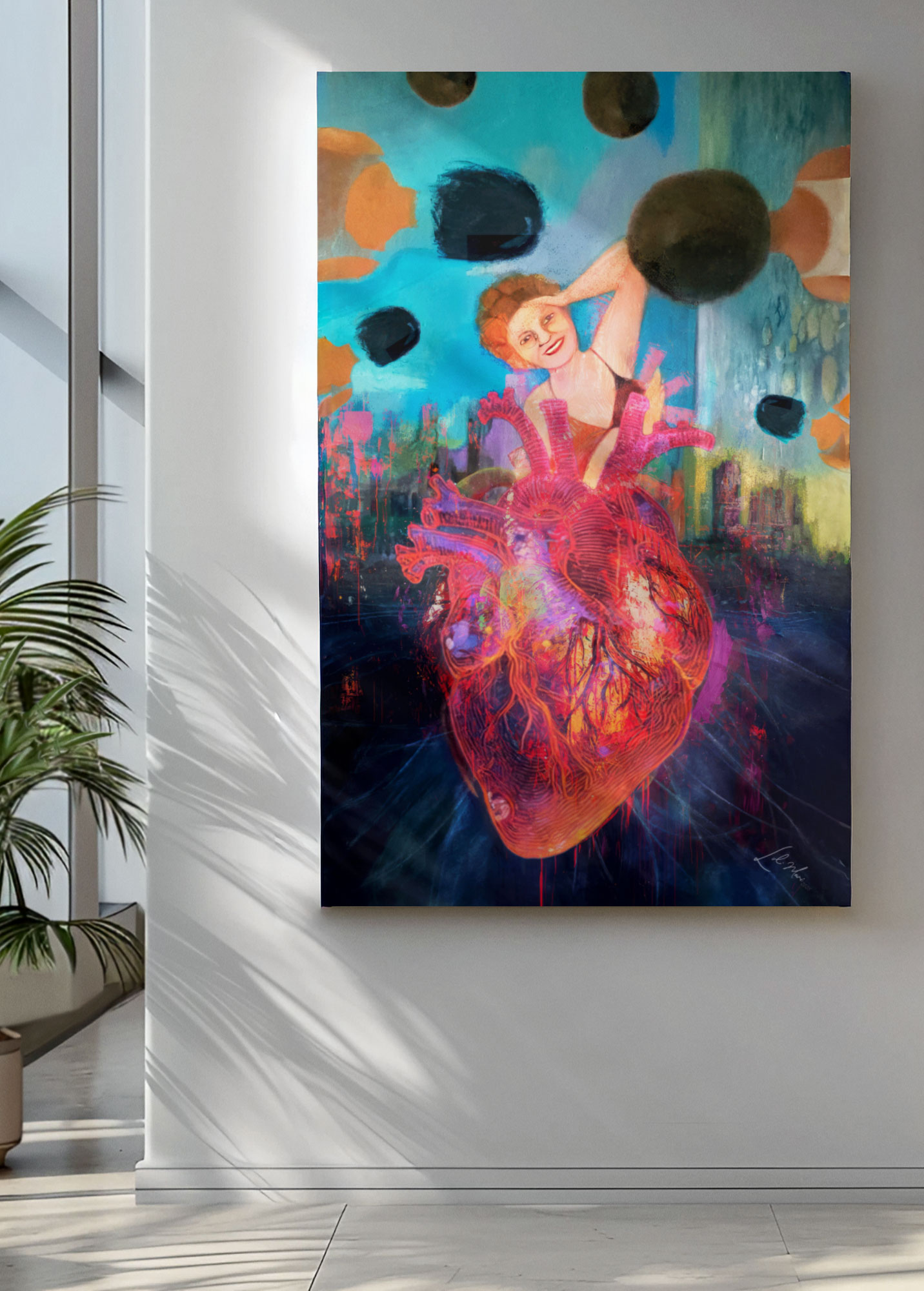 A surreal painting featuring a large glowing anatomical heart in vivid reds, purples, and oranges at the center. A smiling woman with red hair emerges from behind the heart, raising one arm joyfully. Around her float dark spherical orbs a