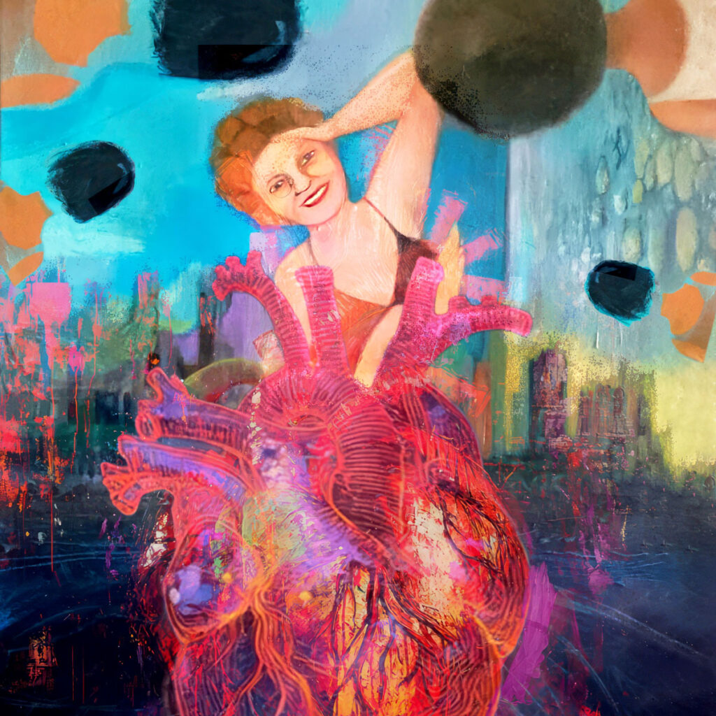 A surreal mixed-media painting of a large, glowing anatomical heart painted in vivid reds, oranges, and purples, filling the foreground. Emerging from behind the heart is a smiling woman with red hair, her arm raised in a joyful pose. The background features an abstract cityscape with dripping paint textures, while floating dark orbs drift across a turquoise sky. The overall effect blends the intensity of human emotion with urban and cosmic imagery.