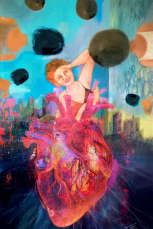 A surreal mixed-media painting of a large, glowing anatomical heart painted in vivid reds, oranges, and purples, filling the foreground. Emerging from behind the heart is a smiling woman with red hair, her arm raised in a joyful pose. The background features an abstract cityscape with dripping paint textures, while floating dark orbs drift across a turquoise sky. The overall effect blends the intensity of human emotion with urban and cosmic imagery.