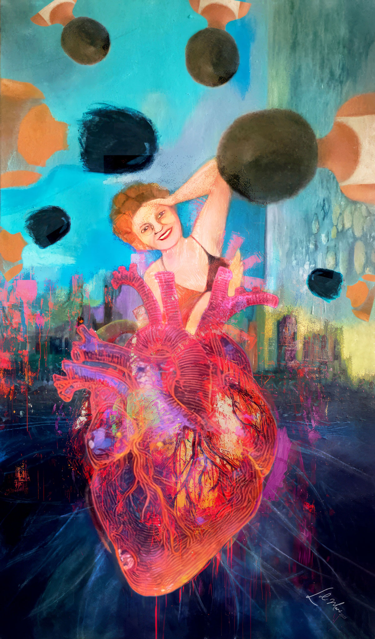 Queens of One Heart (2025) A surreal mixed-media painting of a large, glowing anatomical heart painted in vivid reds, oranges, and purples, filling the foreground. Emerging from behind the heart is a smiling woman with red hair, her arm raised in a joyful pose. The background features an abstract cityscape with dripping paint textures, while floating dark orbs drift across a turquoise sky. The overall effect blends the intensity of human emotion with urban and cosmic imagery.