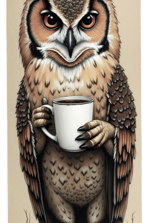 Whimsical owl art print holding coffee cup