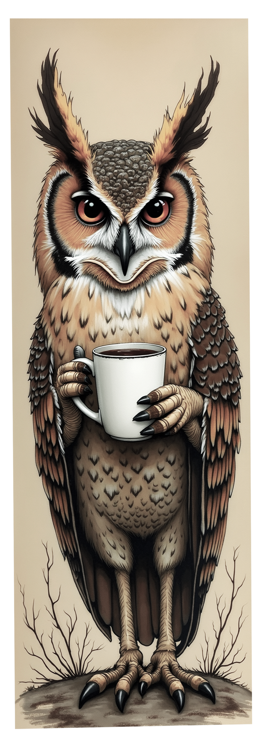 Whimsical owl art print holding coffee cup