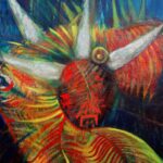Vegigante de Visita – a bold Puerto Rican-inspired painting of a vejigante mask bursting with vibrant reds, yellows, and greens. The folkloric figure with long white horns appears alive against a shimmering city skyline, celebrating Afro-Caribbean tradition, resilience, and cultural pride.