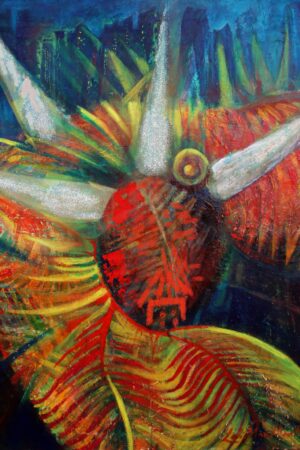 Vegigante de Visita – a bold Puerto Rican-inspired painting of a vejigante mask bursting with vibrant reds, yellows, and greens. The folkloric figure with long white horns appears alive against a shimmering city skyline, celebrating Afro-Caribbean tradition, resilience, and cultural pride.