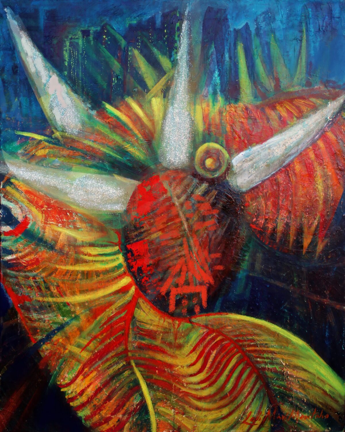 Vegigante de Visita – a bold Puerto Rican-inspired painting of a vejigante mask bursting with vibrant reds, yellows, and greens. The folkloric figure with long white horns appears alive against a shimmering city skyline, celebrating Afro-Caribbean tradition, resilience, and cultural pride.