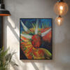 Framed vejigante mask painting in vibrant colors displayed on a modern interior wall