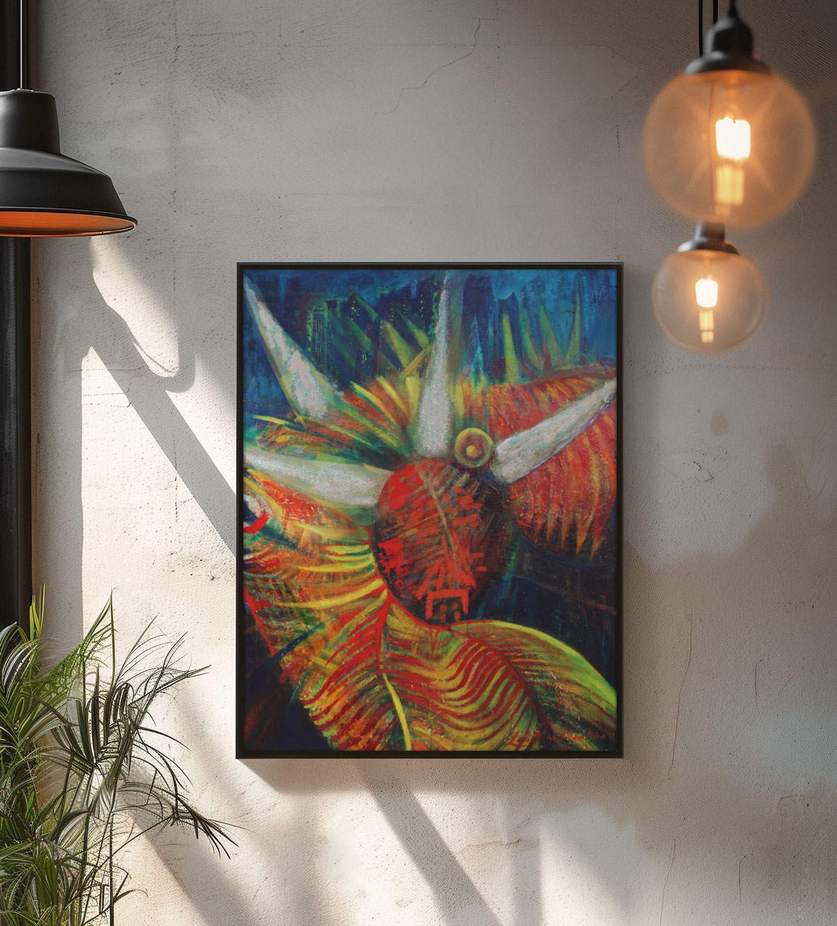 Bold and colorful vejigante painting. Framed vejigante mask painting in vibrant colors displayed on a modern interior wall