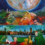 surreal layered painting with a large glowing moon above two animal heads, a New York City skyline across a river in the middle, and below, toy-like animals, a doll, and a green parrot arranged on a wooden surface. The composition blends cosmic, urban, and childhood imagery.