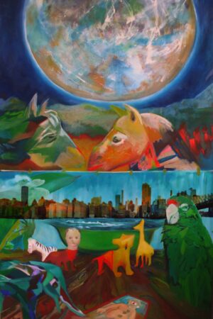 surreal layered painting with a large glowing moon above two animal heads, a New York City skyline across a river in the middle, and below, toy-like animals, a doll, and a green parrot arranged on a wooden surface. The composition blends cosmic, urban, and childhood imagery.
