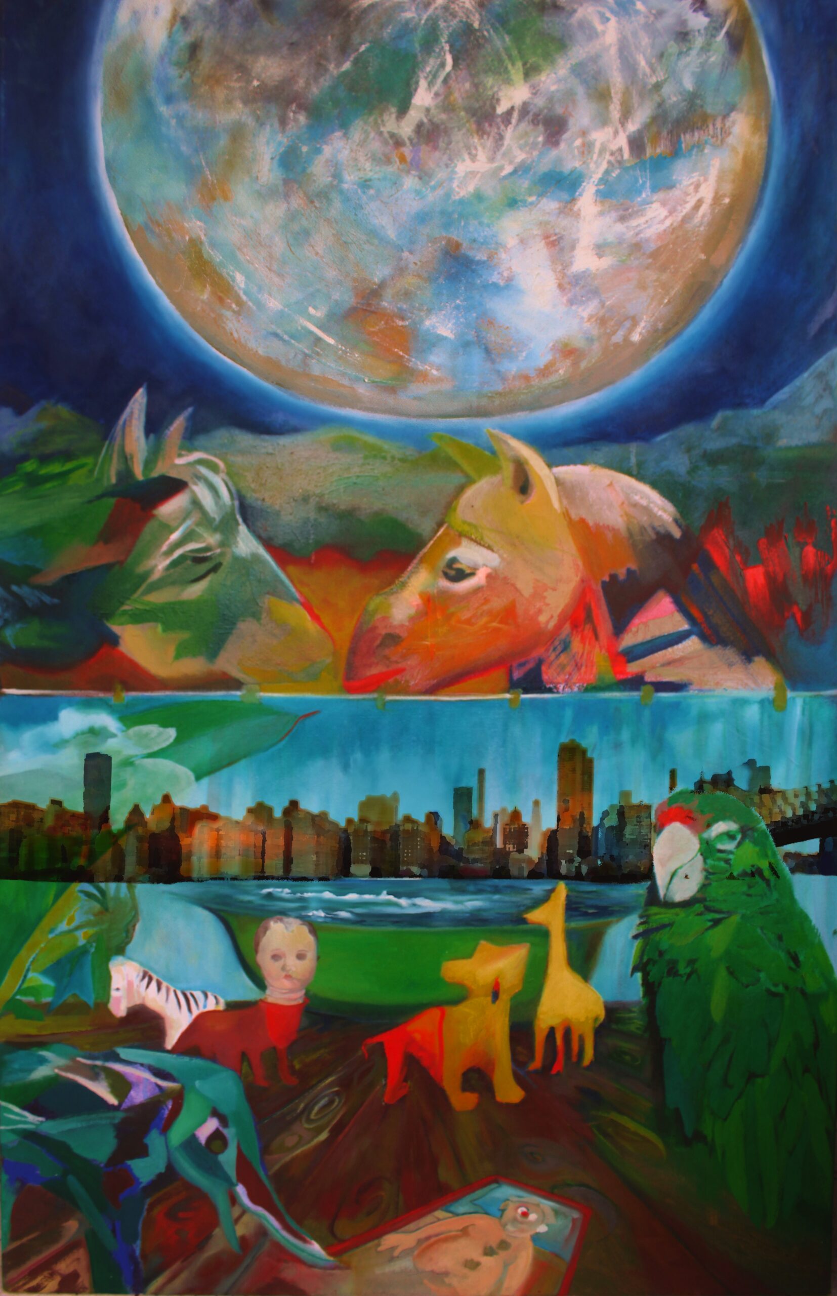 Queens Falling in Love surreal layered painting with a large glowing moon above two animal heads, a New York City skyline across a river in the middle, and below, toy-like animals, a doll, and a green parrot arranged on a wooden surface. The composition blends cosmic, urban, and childhood imagery.