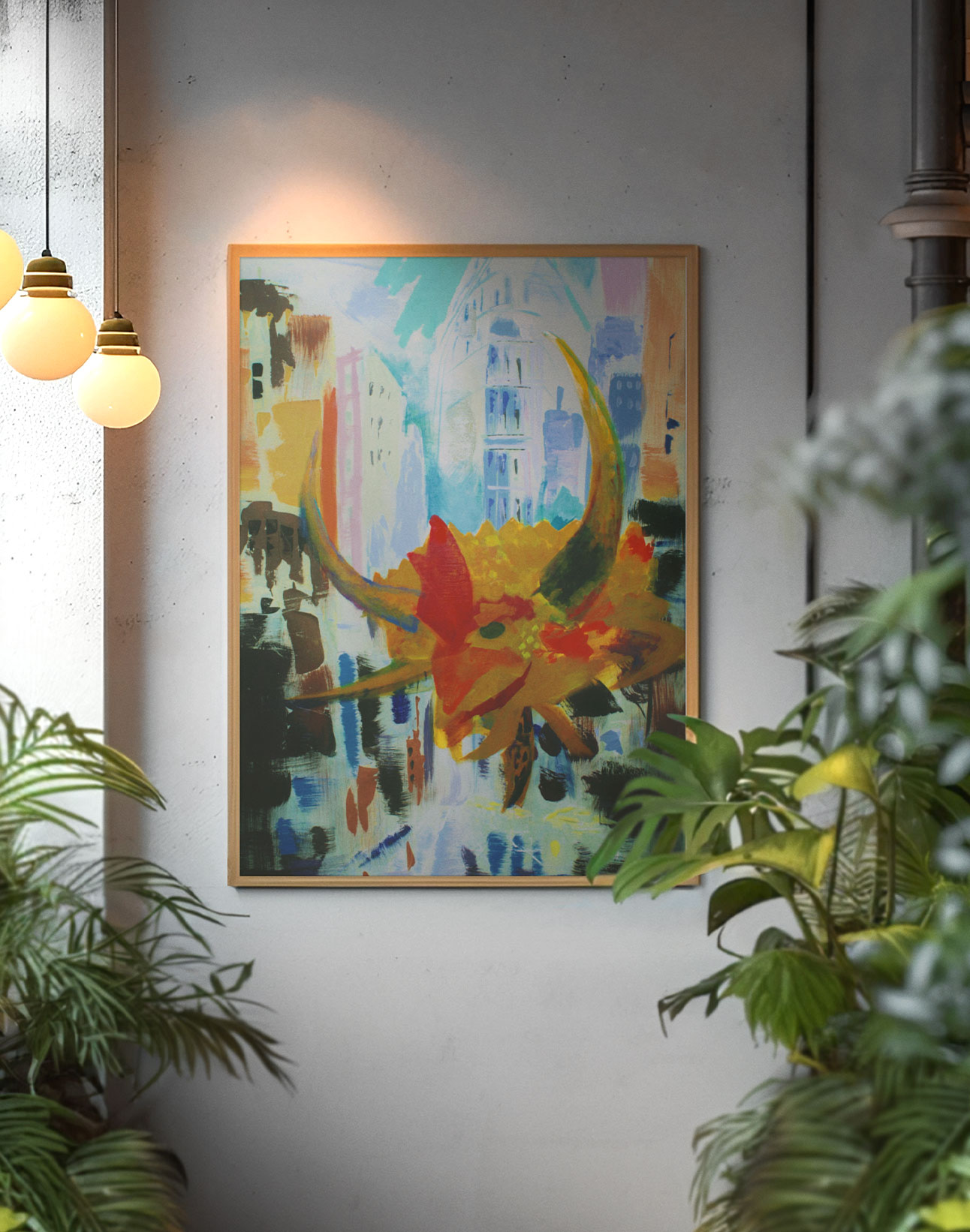 The Flatiron, a landmark of New York’s architectural modernity, becomes both stage and backdrop for this transposed festival spirit. Here, the vejigante does not merely arrive—it claims space, turning steel and stone avenues into a living canvas of rhythm, resistance, and celebration. The painting suggests that diasporic identity thrives through visibility: tradition and folklore are not lost in migration, but rather reinvented and made monumental against the skyline of the diaspora city.