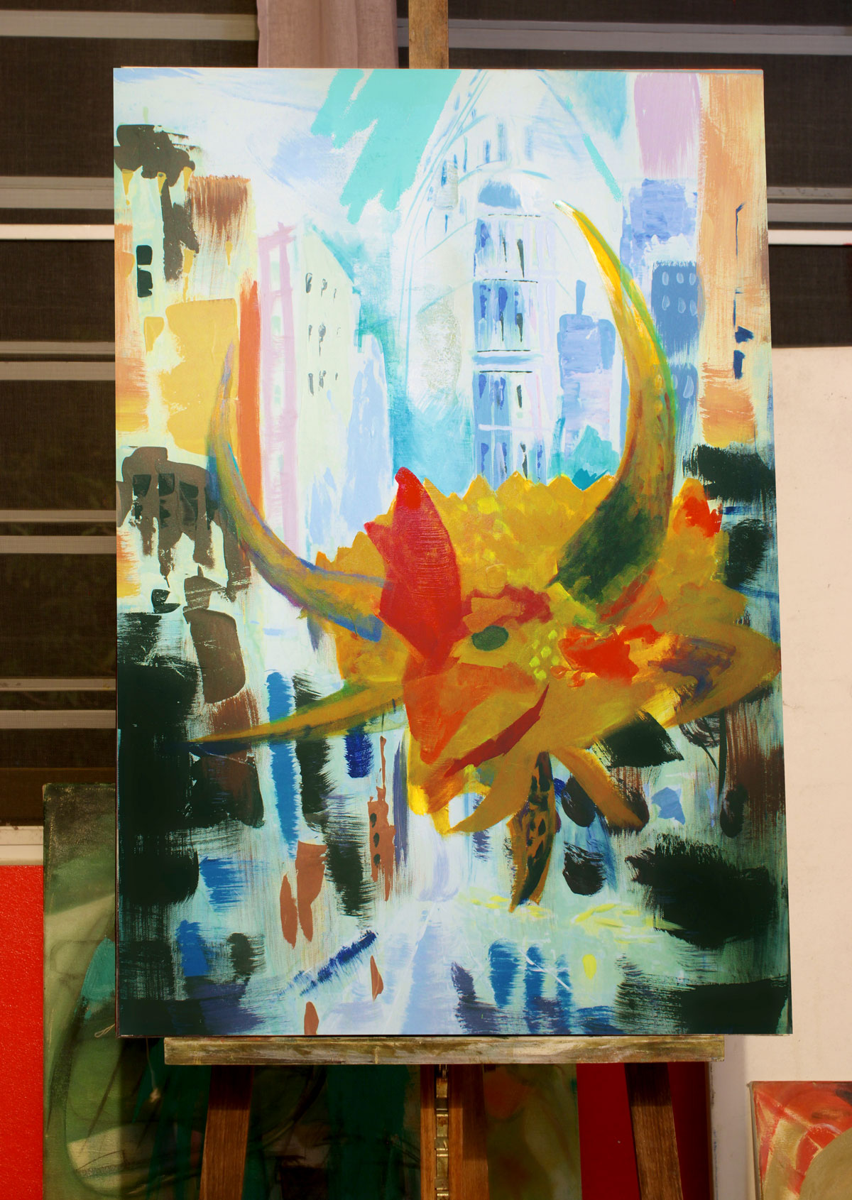 The Flatiron, a landmark of New York’s architectural modernity, becomes both stage and backdrop for this transposed festival spirit. Here, the vejigante does not merely arrive—it claims space, turning steel and stone avenues into a living canvas of rhythm, resistance, and celebration. The painting suggests that diasporic identity thrives through visibility: tradition and folklore are not lost in migration, but rather reinvented and made monumental against the skyline of the diaspora city.