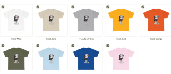 Collection of unisex short-sleeve T-shirts in multiple colors—white, sand, sport grey, gold, orange, olive green, light blue, royal blue, and pink—each featuring a bold black-and-white parody illustration of a stern-faced man in suit with the caption ‘Don Pendejo.’ Presented in front-view mockups showing different models and color variations on a clean layout for online store display