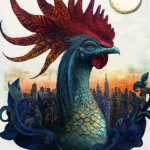 A rooster with NYC in the background