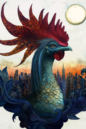 A rooster with NYC in the background