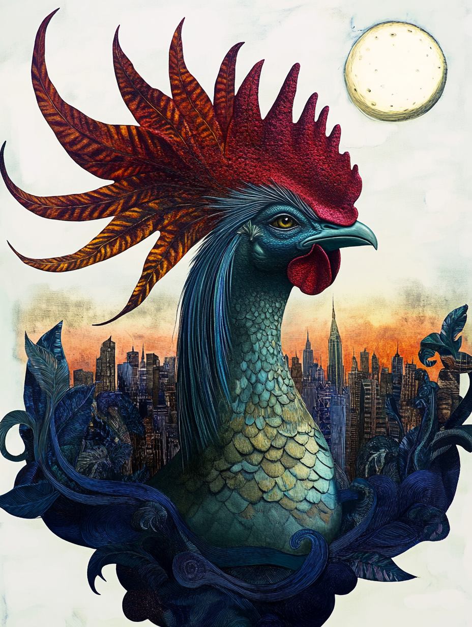 A rooster with NYC in the background